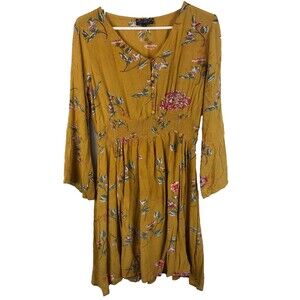 J Gee Dress Womens M Yellow Floral Maxi Cottagecore Peasant Boho Garden